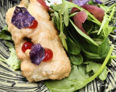 Cod fillet stuffed with spinach in tempura fennel salad with oranges and Tropea red onion