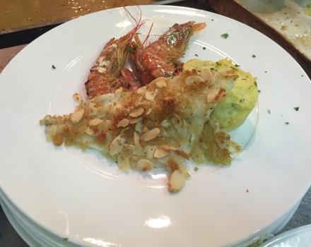 One of our specialties: sea bass and prawns